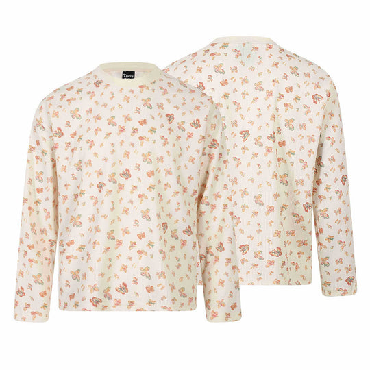 Damen Waffelstrick-Langarmshirt mit Allover-Schmetterlingsprint und Rundhals Shop Nory