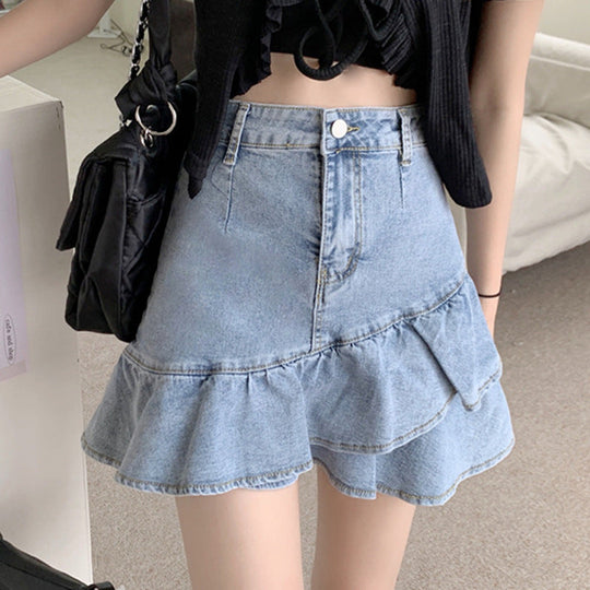Damen Jeansrock mit voluminösem Rüschensaum und knopfbarem Bund