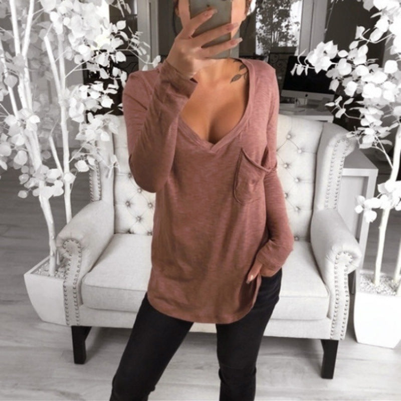 Damen Lässige Oversize Tunika mit V‑Ausschnitt, Brusttasche und verlängertem Saum Shop Nory