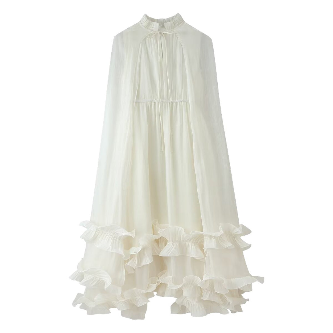 Damen Maxikleid mit Volant‑Cape, mehrlagigem Stufenrock und Stehkragen Shop Nory