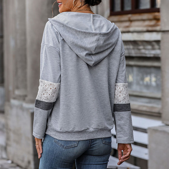 Damen Kapuzenpullover mit V‑Ausschnitt, Kängurutasche und kontrastierenden Ärmeln Shop Nory