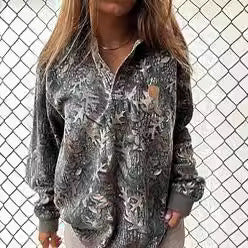 Damen gemusterter Fleece-Pullover mit kurzem Reißverschluss, Polo-Kragen und gerippten Bündchen Shop Nory