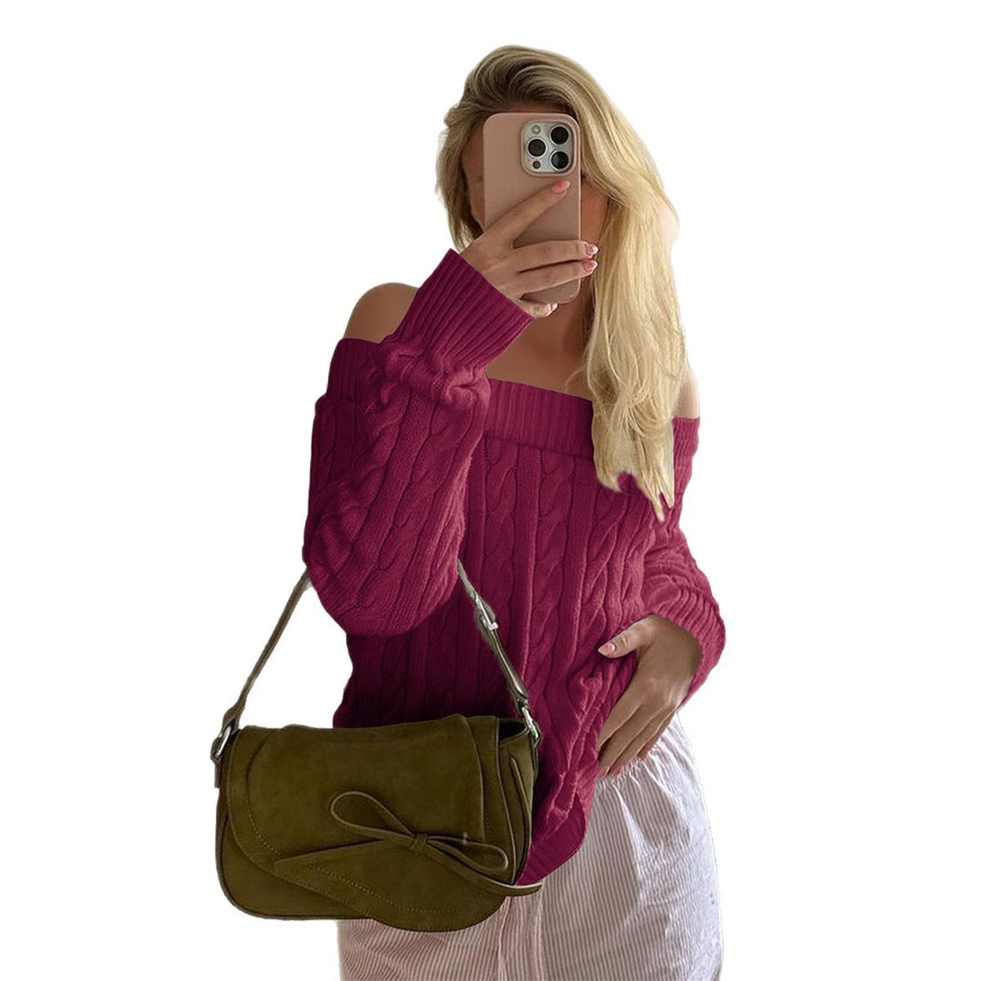 Damen nan oversized schulterfreier Zopfstrickpullover mit geripptem Ausschnitt und Ballonärmeln Shop Nory