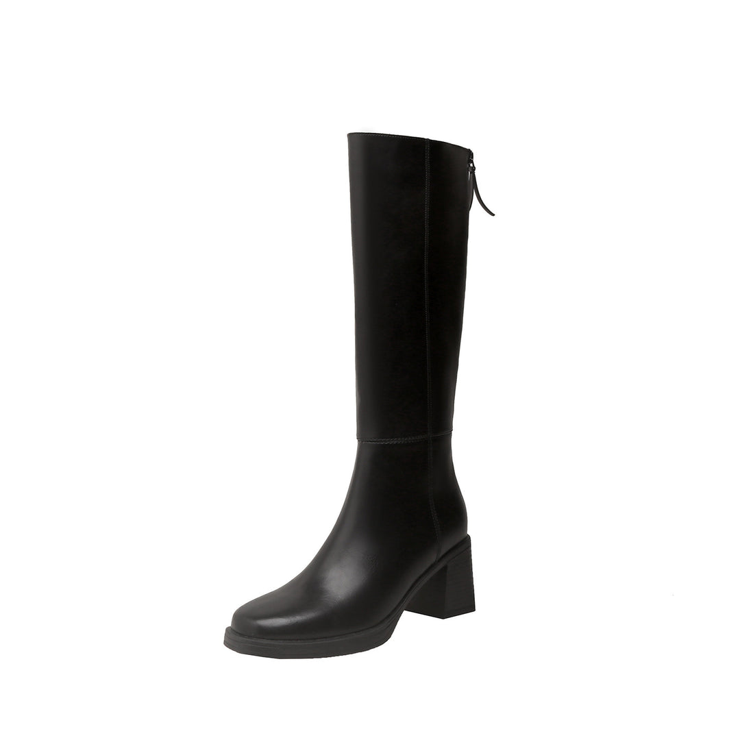 Damen Kniehohe Glattleder-Stiefel mit skulpturalem Blockabsatz und Rückenreißverschluss Shop Nory