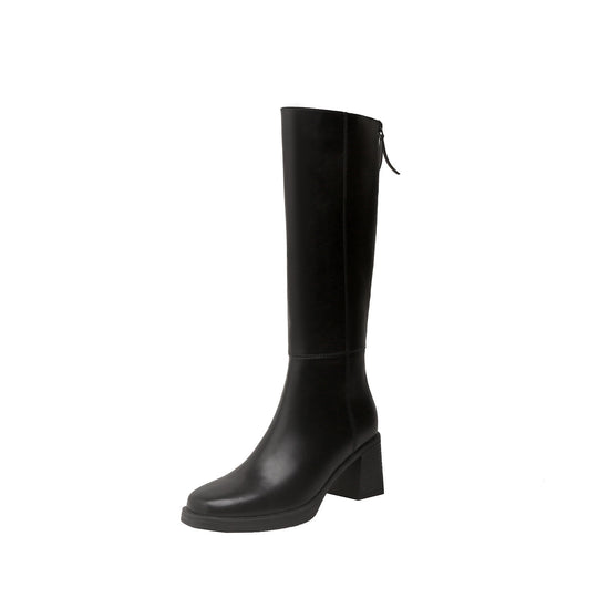 Damen Kniehohe Glattleder-Stiefel mit skulpturalem Blockabsatz und Rückenreißverschluss Shop Nory