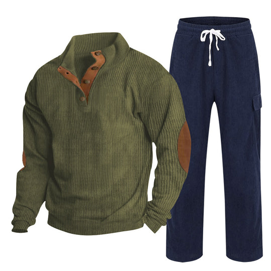 Herren Gemütliches Freizeit-Set aus Waffelstrick-Henley mit Ellenbogenpatch und Relax-Cargo-Hose Shop Nory