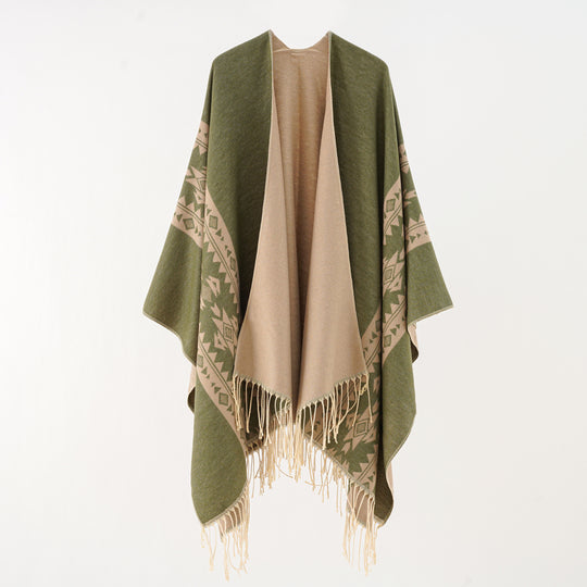 Damen Oversize-Poncho mit Fransen und Jacquardmuster Shop Nory