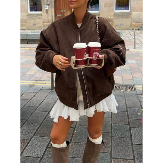 Damen Oversize-Suede-Bomberjacke mit Reißverschluss & gerippten Bündchen Shop Nory