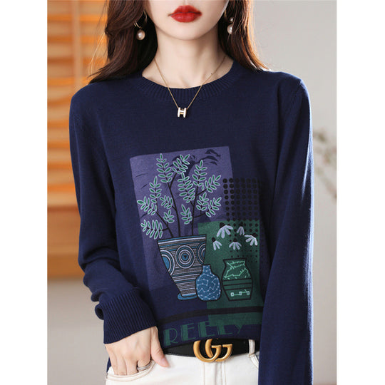Damen Leichter Rundhalspullover mit grafischem Pflanzenprint und feinem Feinstrick Shop Nory