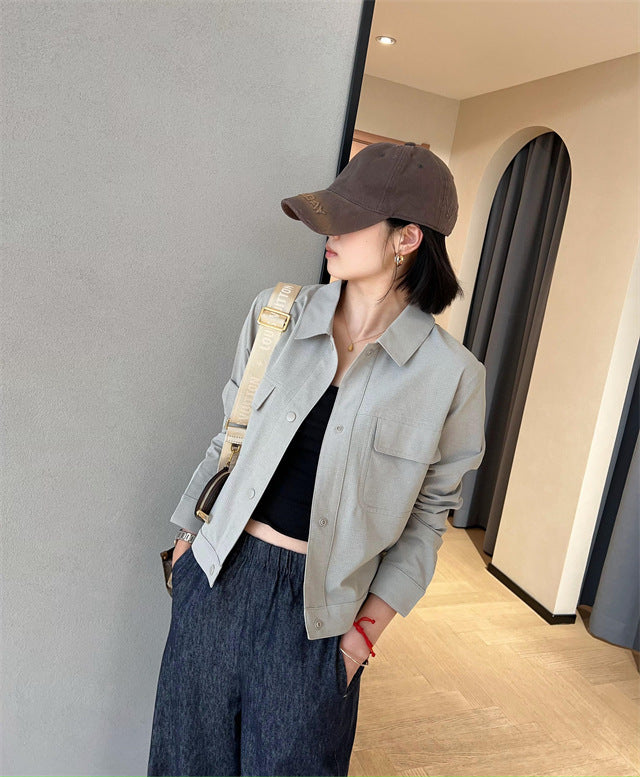 Damen Kurze Overshirt-Jacke aus strukturiertem Canvas mit Brusttaschen Shop Nory