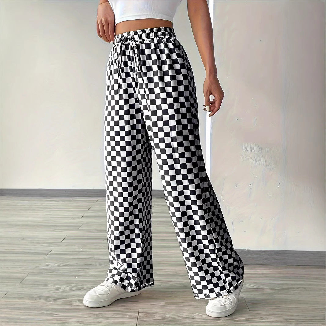 Damen Weite Freizeithose mit kariertem Muster und elastischem Bund