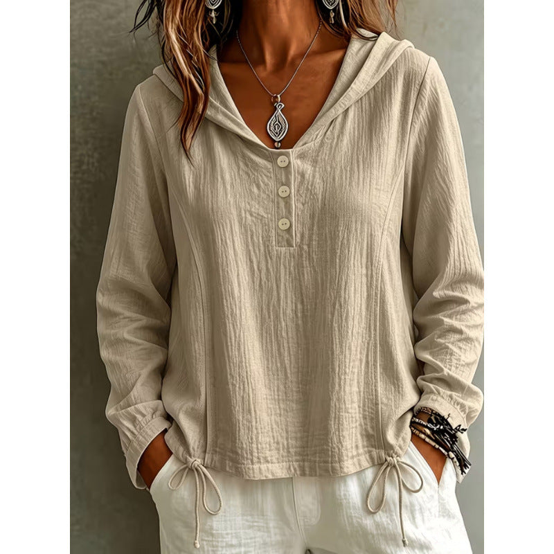 Damen Leichte Kapuzenbluse aus Baumwollcrinkle mit Knopfleiste und Tunnelzugsaum Shop Nory