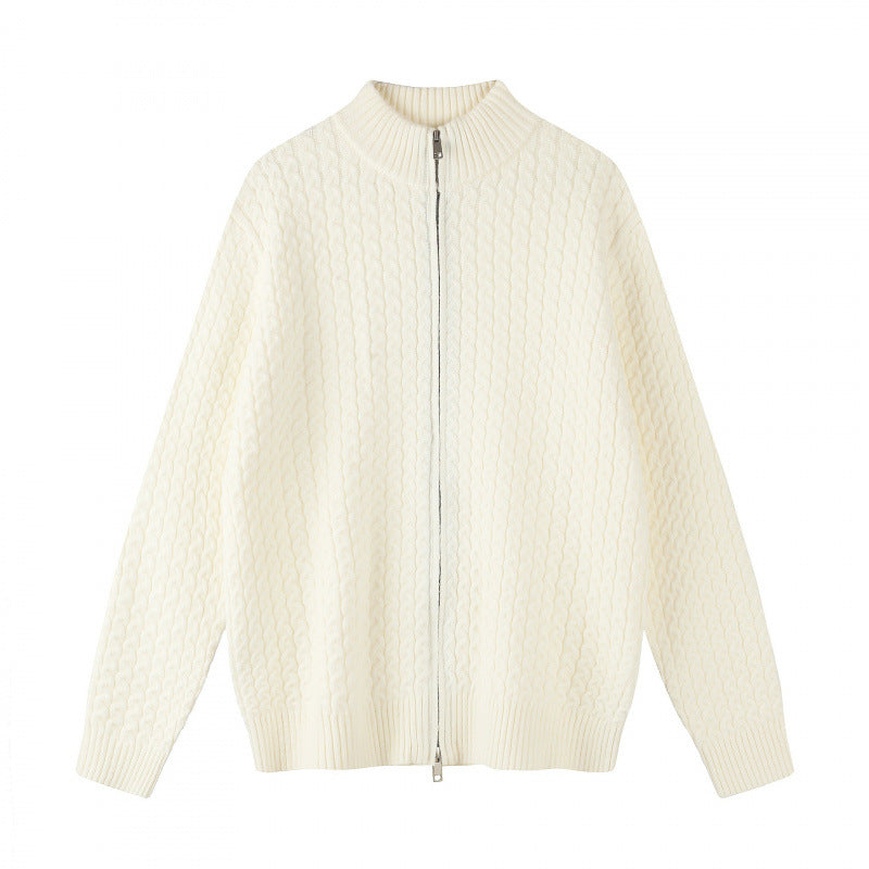 Unisex Boxy-Strickjacke mit Zopfmuster, Stehkragen und Zwei-Wege-Reißverschluss Shop Nory