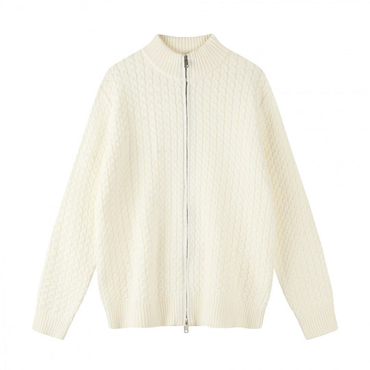 Unisex Boxy-Strickjacke mit Zopfmuster, Stehkragen und Zwei-Wege-Reißverschluss Shop Nory