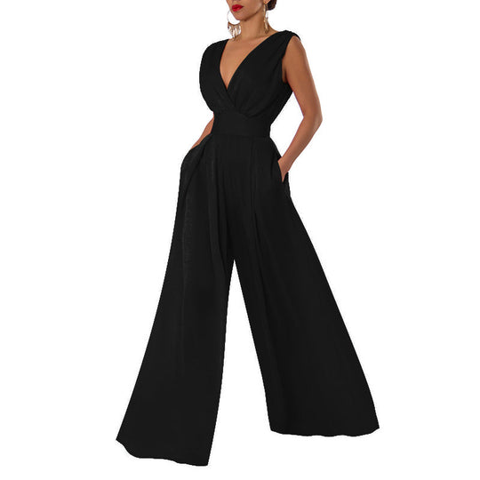 Damen Jumpsuit mit tiefem V-Ausschnitt und weit geschnittenem Bein