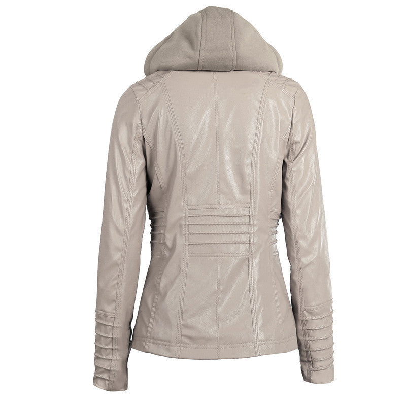 Damen Slim-Fit Kunstlederjacke mit Kapuze, Steppärmeln und Reißverschlusstaschen Shop Nory