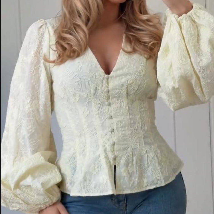 Damen Taillierte Spitzenbluse im Korsagenstil mit V-Ausschnitt, Knopfleiste und Ballonärmeln Shop Nory