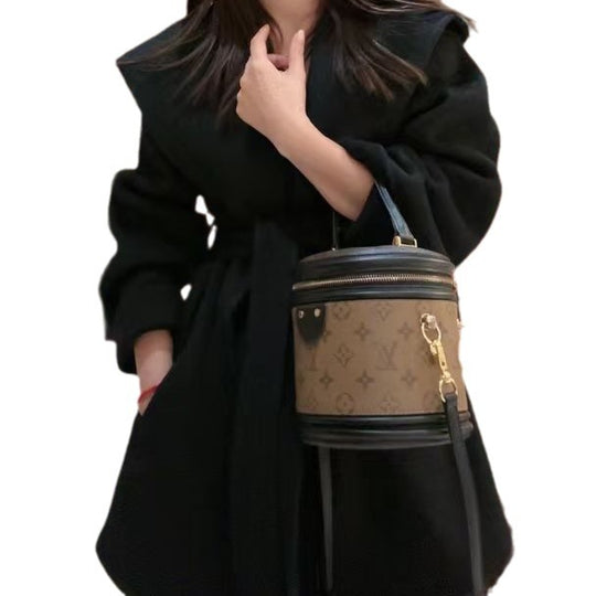 Damen Kurzer Wollmantel mit Taillengürtel und Oversize-Ärmeln Shop Nory