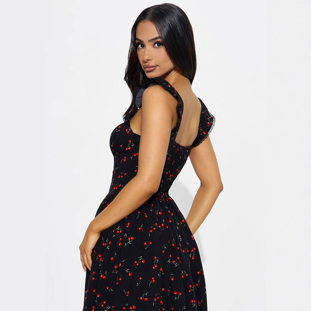 Damen Sommerkleid mit verspieltem Kirschmuster und Spitzenakzenten Shopnory