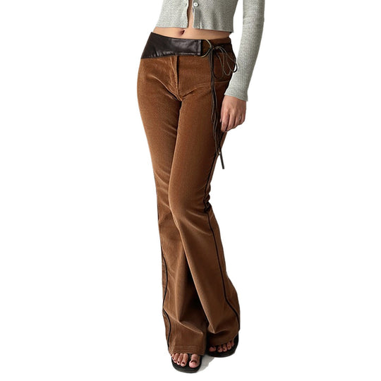 Damen nan ausgestellte Cordhose mit hohem Bund, Lederbesatz und Bindeband Shop Nory
