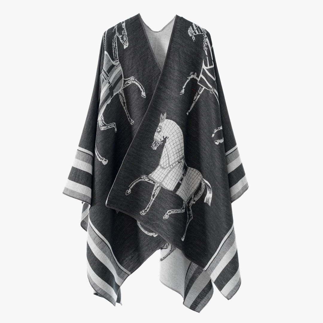 Damen Jacquard-Poncho-Überwurf mit Pferde-Motiv und kastiger Kimono-Silhouette Shop Nory