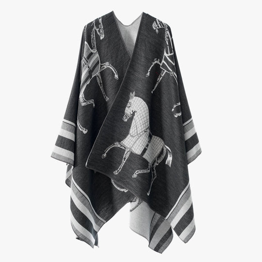 Damen Jacquard-Poncho-Überwurf mit Pferde-Motiv und kastiger Kimono-Silhouette Shop Nory