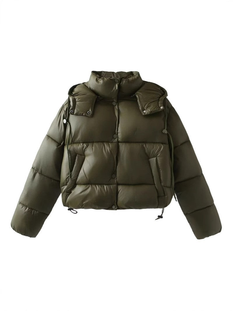 Damen Glänzende Cropped Pufferjacke mit Kordelzug und Druckknopfblende Shop Nory
