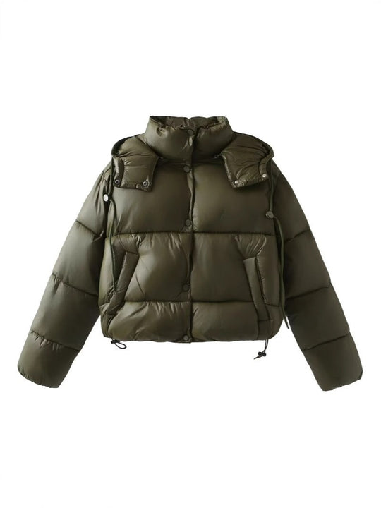 Damen Glänzende Cropped Pufferjacke mit Kordelzug und Druckknopfblende Shop Nory