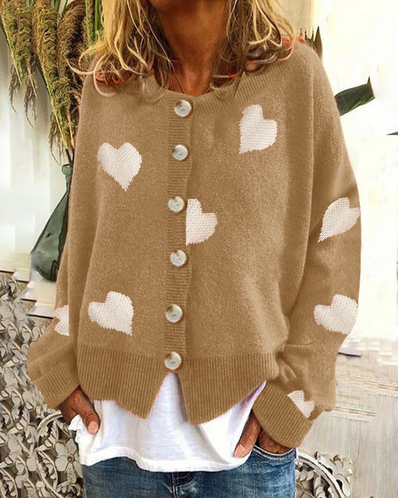 Damen Geknöpfter Oversize-Strickcardigan mit Herz-Jacquard und Perlmuttknöpfen Shop Nory