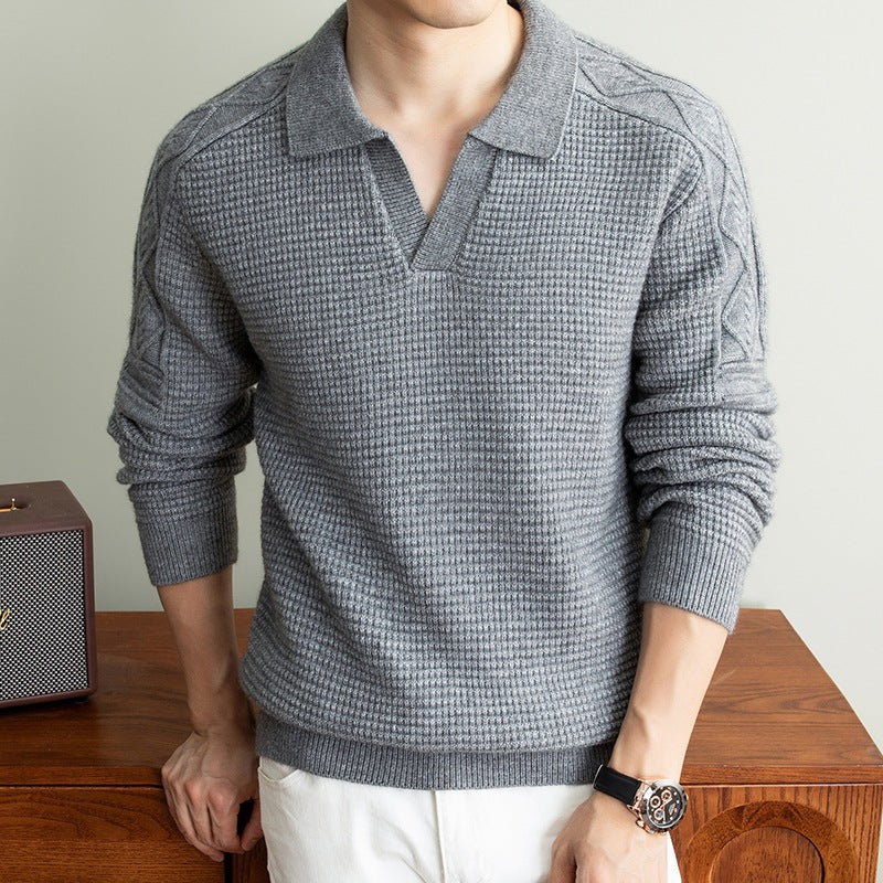 Herren Polo-Pullover mit strukturiertem Waffelstrick und Zopfmuster-Ärmeln Shop Nory