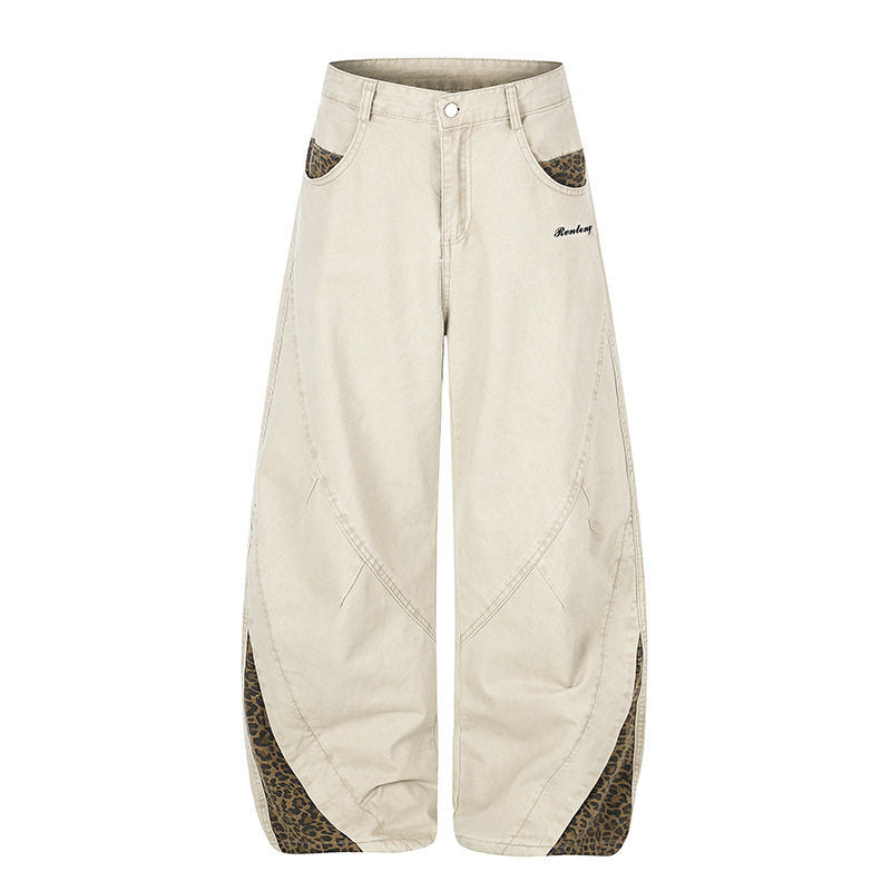 Damen Weite High‑Waist Palazzo-Jeanshose mit Leopardeinsätzen und Eingrifftaschen Shop Nory