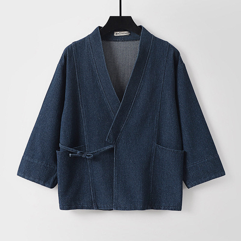 Unisex Jeans-Kimono-Jacke mit Bindegürtel und aufgesetzten Taschen Shop Nory