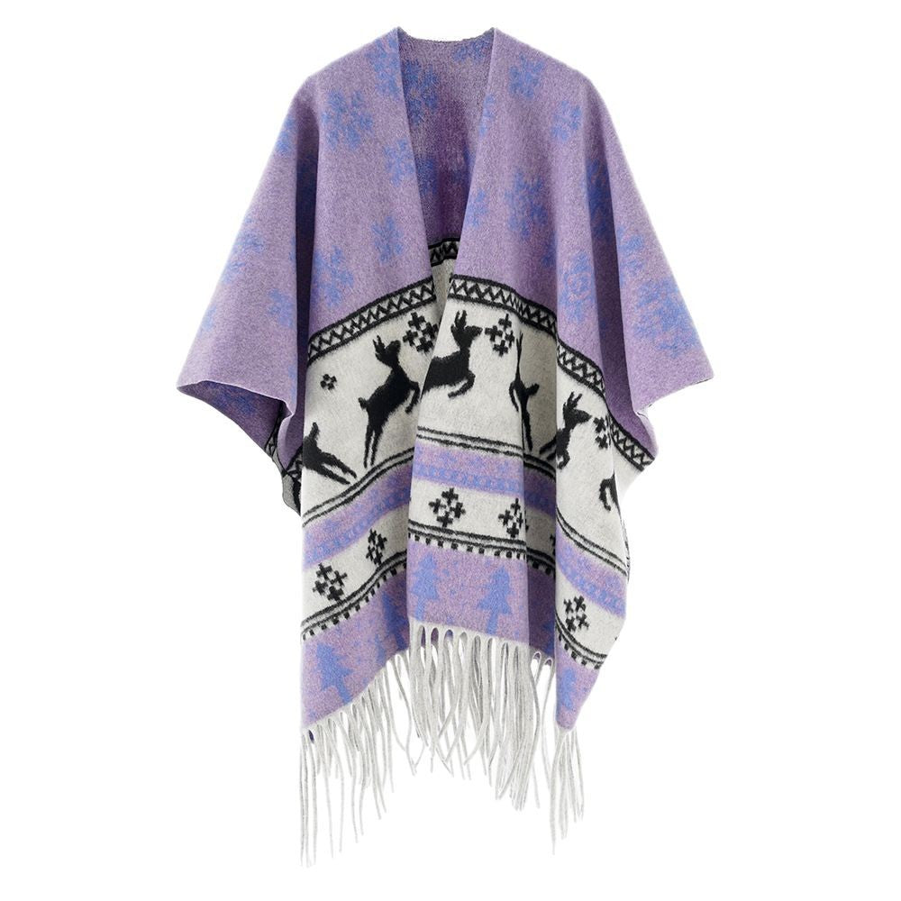 Damen Oversize-Poncho mit Norweger-Motiv und Fransen aus Wollmix Shop Nory