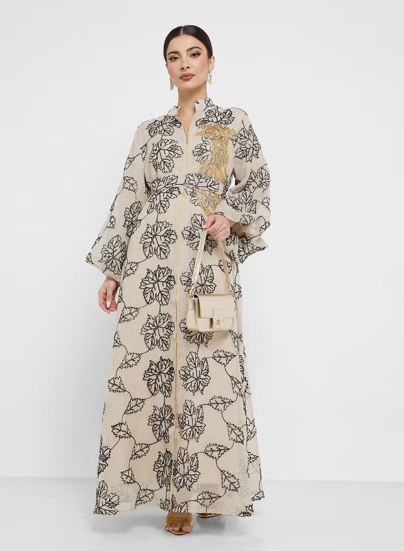 Damen Besticktes Maxikleid im Kaftan-Stil mit Reißverschluss, Taillengürtel und Ballonärmeln Shop Nory