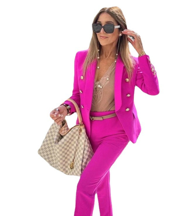 Damen Taillierter Hosenanzug mit tiefem Revers, Slim-Hose und goldenen Zierknöpfen Shop Nory