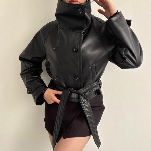 Damen Taillierte Kurzblouson‑Jacke aus Lederimitat mit hohem Stehkragen und Bindegürtel Shop Nory