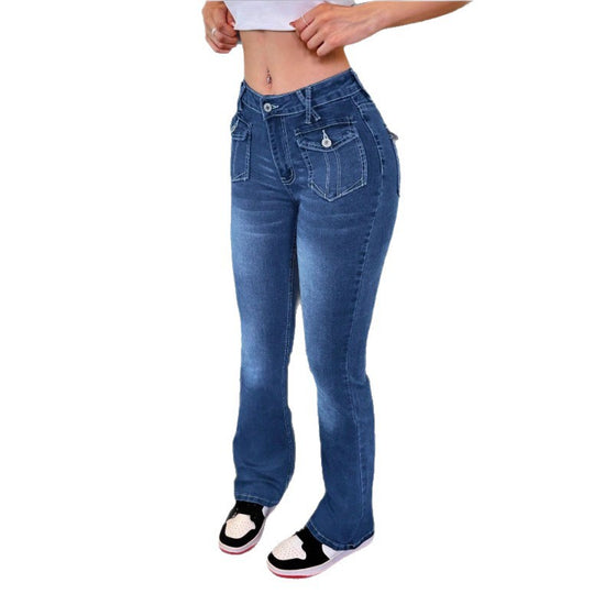 Damen Hochtaillierte Stretch-Jeans mit leichtem Flare und dekorativen Taschen Shop Nory