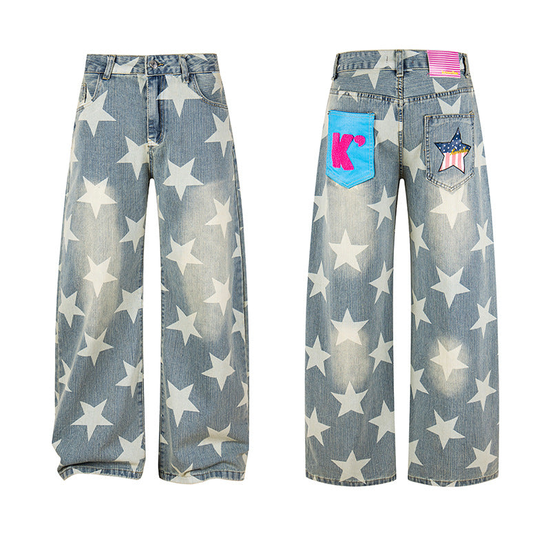 Damen Weite Hochbund-Culotte-Jeans mit hoher Taille und Allover-Sterneprint Shop Nory