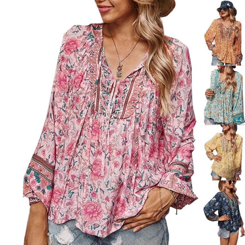 Damen Boho-Bluse mit floralem Print, V‑Ausschnitt mit Bindeband und Plissée-Details Shop Nory