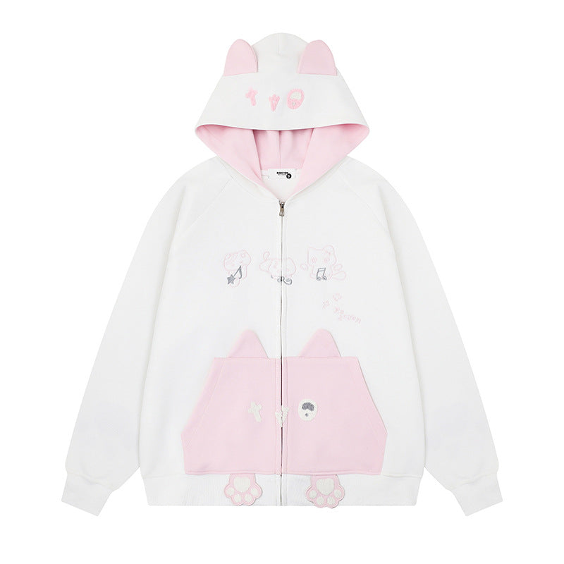 Damen Kapuzen-Sweatjacke mit Ohren, durchgehendem Reißverschluss, Kängurutasche mit Pfoten‑Applikation und verspielten Stickereien Shop Nory