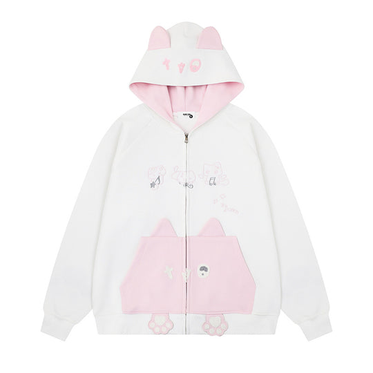 Damen Kapuzen-Sweatjacke mit Ohren, durchgehendem Reißverschluss, Kängurutasche mit Pfoten‑Applikation und verspielten Stickereien Shop Nory