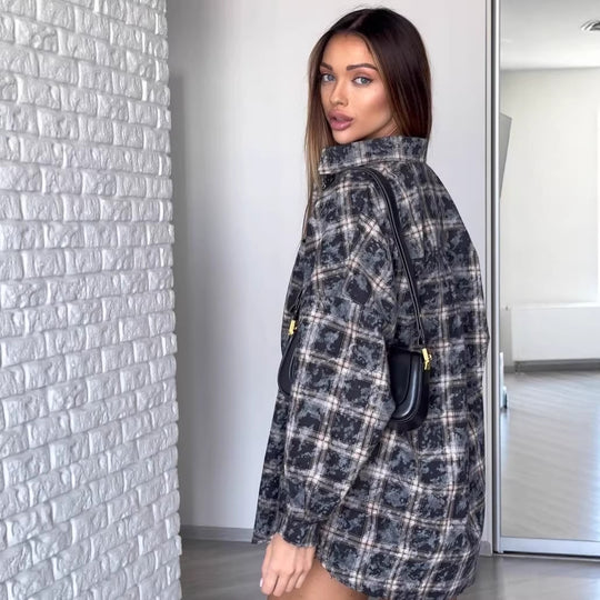 Damen Oversized Karierte Shacket-Hemdjacke mit Druckknopfverschluss und abgerundetem Saum Shop Nory