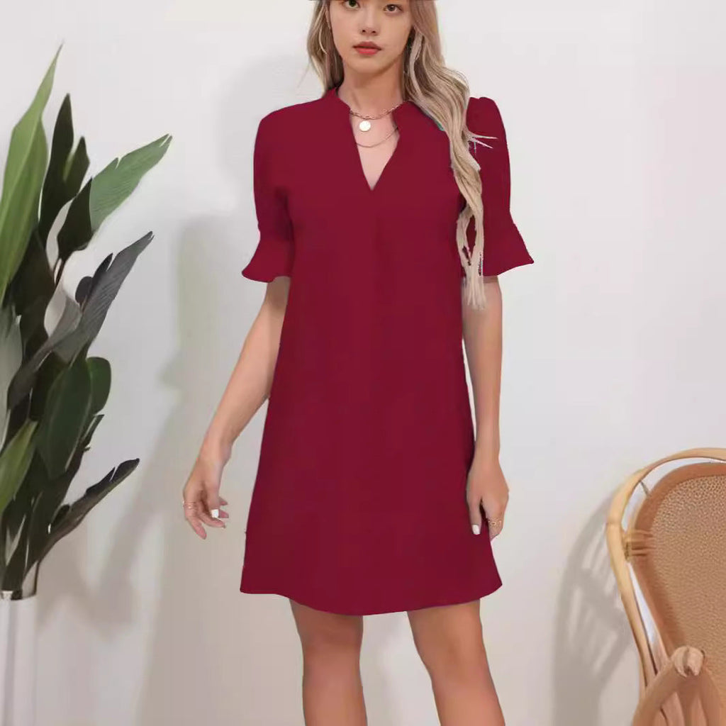 Damen Elegantes Kurzarm-Kleid mit V-Ausschnitt und Schößchen