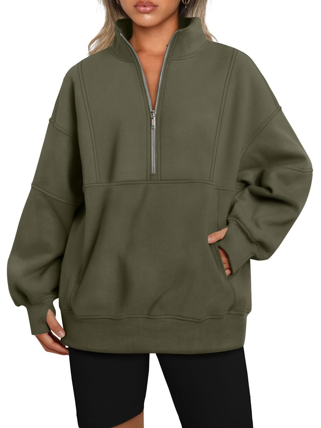 Damen Oversize-Sweatshirt mit halbem Reißverschluss, Stehkragen und Kängurutasche Shop Nory