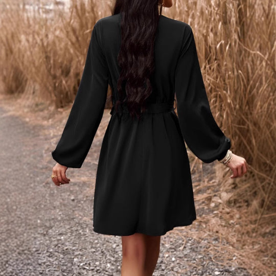 Damen nan knielanges V-Ausschnitt Kleid mit Häkelspitzen-Einsatz, Bindegürtel und leichten Ballonärmeln Shop Nory