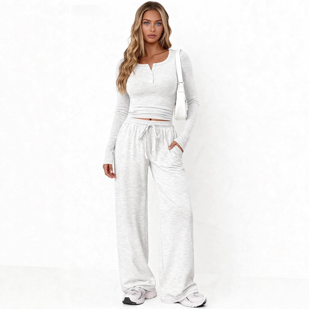 Damen nan Lounge-Set aus Feinstrick mit Henley-Oberteil und weiten Palazzo-Hosen Shop Nory