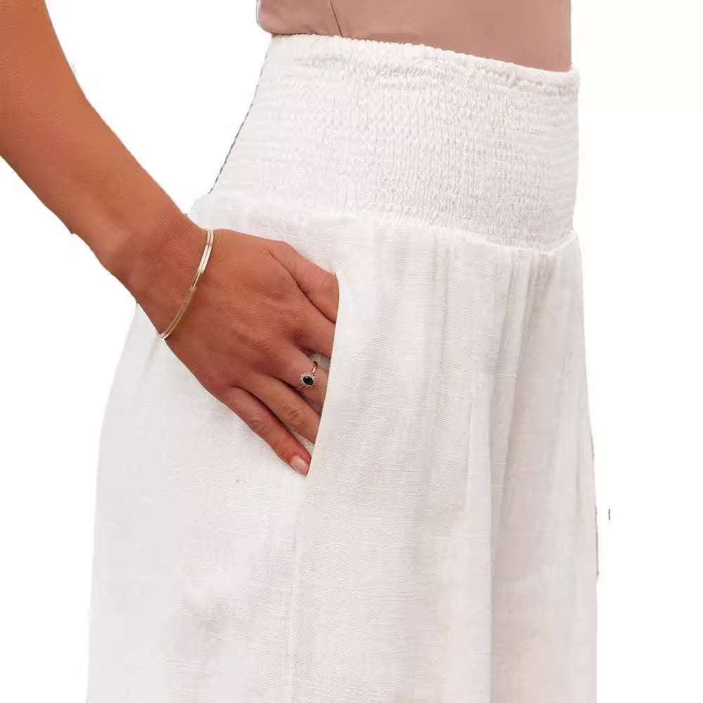 Frauen Weite Bein Smocked Hohe Taille Leinenmischung Hosen Shop Nory