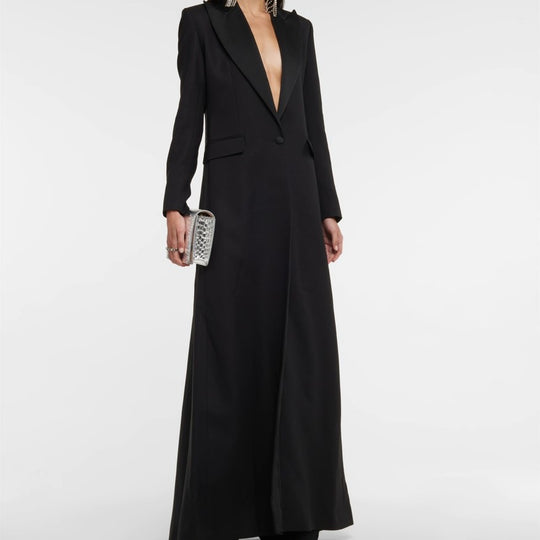 Damen Maxikleid im Smokingsakko‑Stil mit tiefem V‑Ausschnitt und tailliertem Ein‑Knopf‑Verschluss Shop Nory