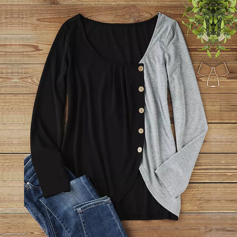 Damen Langarmshirt mit asymmetrischem Saum, Zweifarbiger Optik und Zierknopfleiste Shop Nory