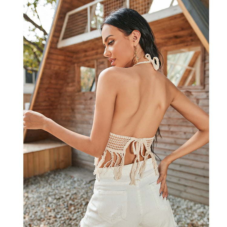 Damen Häkel-Bikini Oberteil mit Fransen und Wellenmuster Shopnory